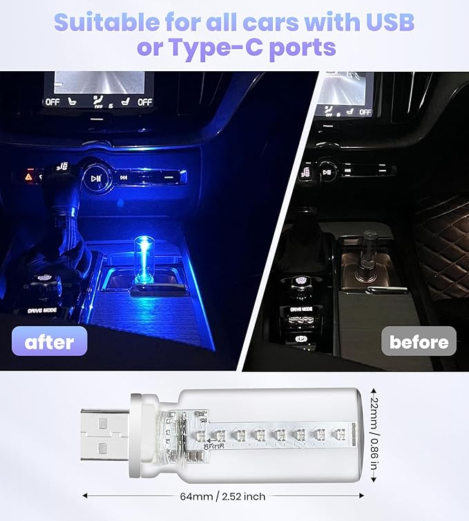 USB Car Interior LED Ambient Light – Touch Control Mood Light with 7 Color Modes, Dimmable LED Light Strip for Car, Nightstand, Camping, Party – Portable, Low Power (Frosted)