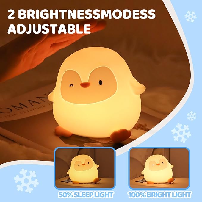 Penguin Silicone Night Light, 50H/12H Long Battery Life Touch Lamp with 30-Min Auto-Off Timer, Soft Dimmable Glow for Baby Kids Toddler Bedroom, Cute Easter Gift for Children