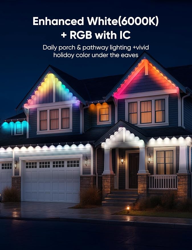 Smart Permanent Outdoor Lights, RGB with IC + White(6000K), Under-Eave Lighting, 100ft/72 LEDs/IP67 Light / IP65 Controller, 111+ Scenes, Music Sync, Alexa/Google, Wi-Fi/Voice/Remote Control