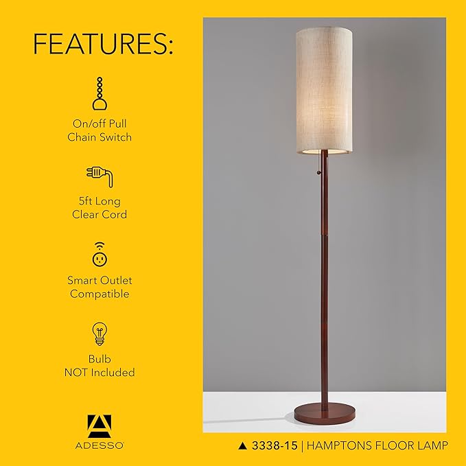 Adesso Floor Lamp with Walnut Wood Finish and Beige Linen Lampshade – Mid-Century Modern Bedroom, Home Office Lighting, or Living Room Decor, 65” x 16”