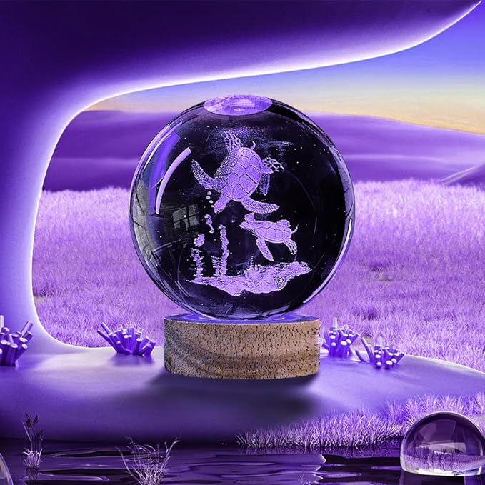 3D Sea Turtle Crystal Ball Night Light with Woodern Base, 3.15“ Sea Turtle Glass Ball Lamp 16 Colors with Remote Control Sea Turtle Figurines Cool Desk Decor Sea Turtle Gifts for Kids Friends Birthday