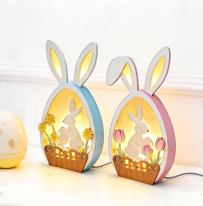 Easter Bunny Night Light - Pastel Glow USB Rabbit Lamp, Soft LED Bunny Decor for Easter Table, Home & Indoor Festive Decorations, Cute Spring Gift (Pink & Blue)