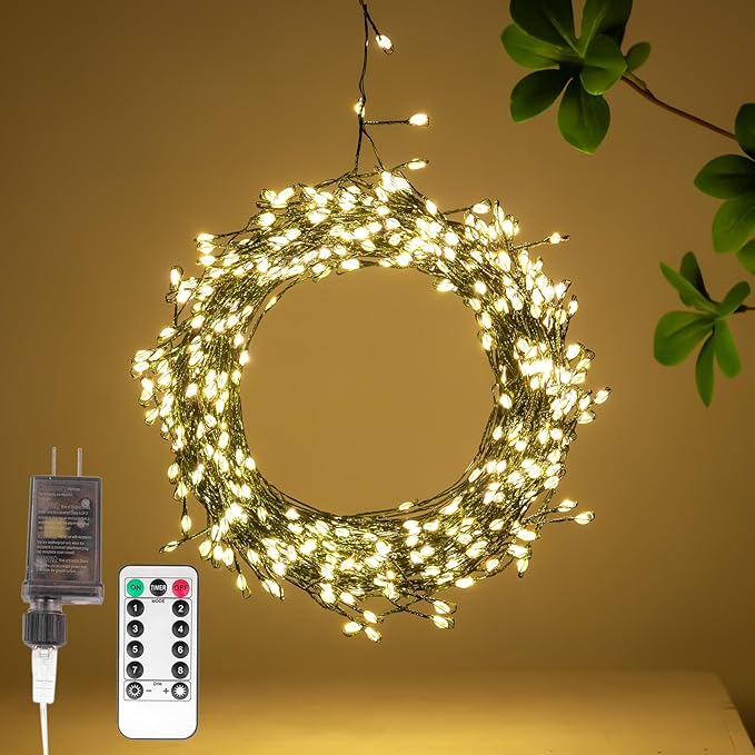 Firecracker Fairy Lights,10FT 100Leds Waterproof Twinkle Lights Plug in,8 Modes Remote String Light for Indoor Outdoor Christmas Wedding Birthday Patio Garden Decor,Green Wire,Warm White