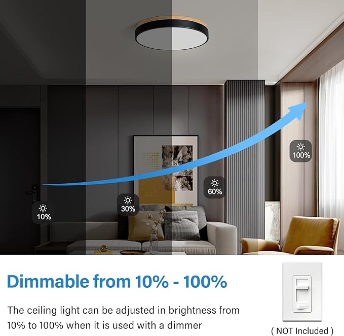Dimmable Wood LED Ceiling Light, 5CCT 2700K-6000K Modern Black Flush Mount Ceiling Lamp, Minimalist Round Close to Ceiling Lighting Fixture for Living Room, Bedroom, Kitchen, 15.74in