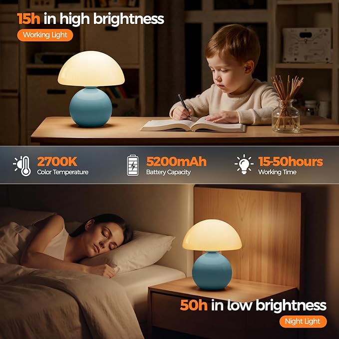 NIORSUN Mushroom Lamp Table Lamp for Bedroom, Portables Cordless Table Lamp,Wireless lamp,Small Bedside Table Touch Lamps for Living Room,Mini Mushroom 5200mAh Battery Operated Lamp Modern Blue