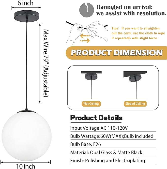 KoKo&Yukina 10" Globe Pendant Light Black Mid Century Pendant Light Mid Century Adjustable Hanging Light Fixture Matte Black Finished with Milk Glass Lampshade for Dining Room Bedroom Kitchen Island