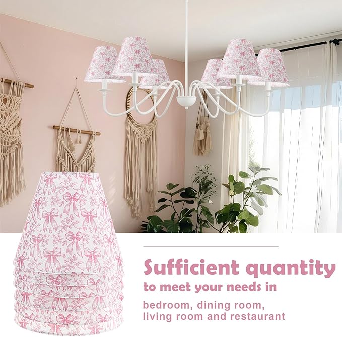 VIHOSE 6 Pcs Chandelier Lamp Shades Small Lamp Shade 3" Top x 6" Bottom x 5" Slant Vintage Coquette Pink Bow Toile Chinoiserie Clip on Lampshade for Wall Sconces Pendant Lighting