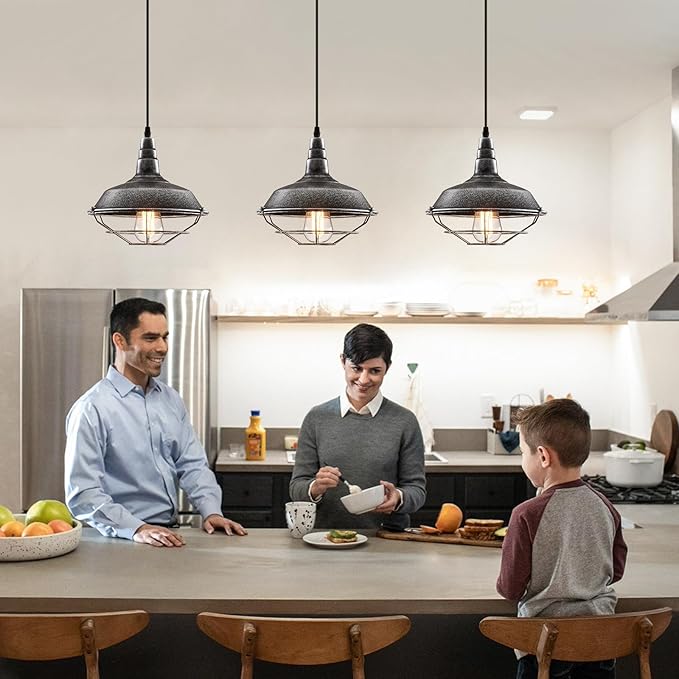 Black and Silver Pendant Light fixtures 10.5 inches 3 Packs, Matte Pendant Lights Kitchen Island, Industrial Pendant Light, Vintage Farmhouse Pendant Lights for Dinning Room Entryway Barn
