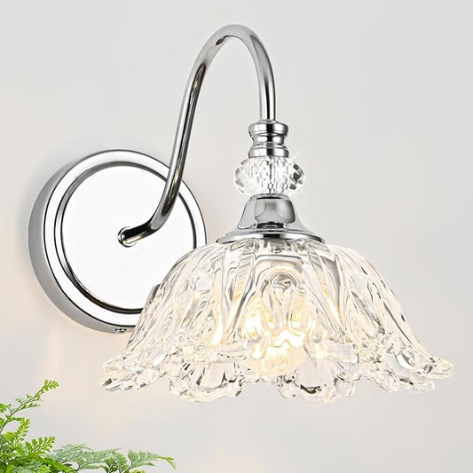 1 Piece Chrome Wall Sconce with Floral Clear Glass Shade, Modern Wall Mount Lighting for Bathroom,Modern Bathroom Vanity Light Fixture