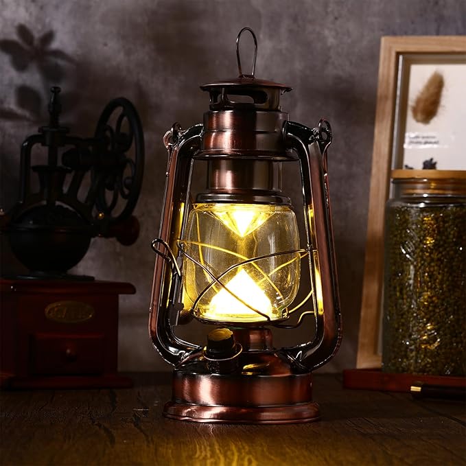 Riakrum 4 Pcs Vintage LED Hurricane Lanterns 9.5 Inch Warm White Old Hurricane Lamps Battery Operated Hanging Lanterns with Dimmer Switch for Indoor Table Centerpieces Outdoor(Bronze)