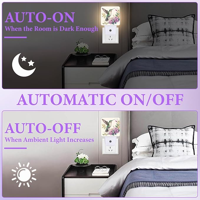 Groovy Hummingbirds Night Light,Flowers Plug-in Night Lights with Dusk-to-Dawn Sensor for Bedroom,Bathroom and Living Room Sleep Friendly lamp 0.5w