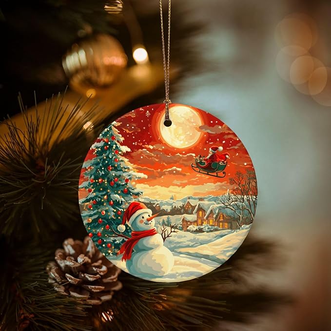 Merry Christmas Snow Scene Santa Claus Christmas Ornaments, Christmas Decorations Xmas Tree Hanging Ornaments, Round Ceramic Festive Keepsake Gift for Xmas Decorations Holiday Home Decor