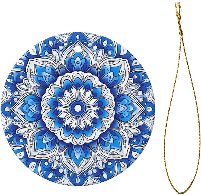 Bohemian Mandala Blue Christmas Ornaments, Christmas Decorations Xmas Tree Hanging Ornaments, Round Ceramic Festive Keepsake Gift for Xmas Decorations Holiday Home Decor