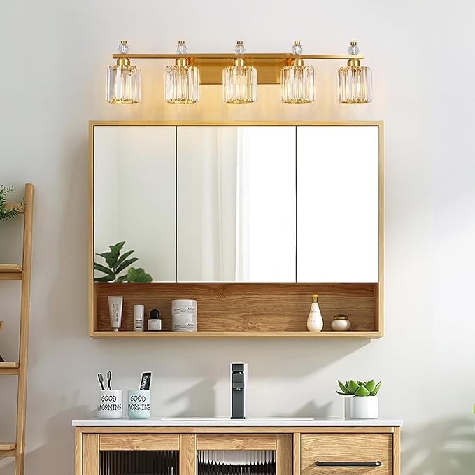 Bathroom Vanity Lights 5-Light Gold Modern Crystal Vanity Light Fixtures Over Mirror Crystal Bathroom Vanity Lighting Fixtures