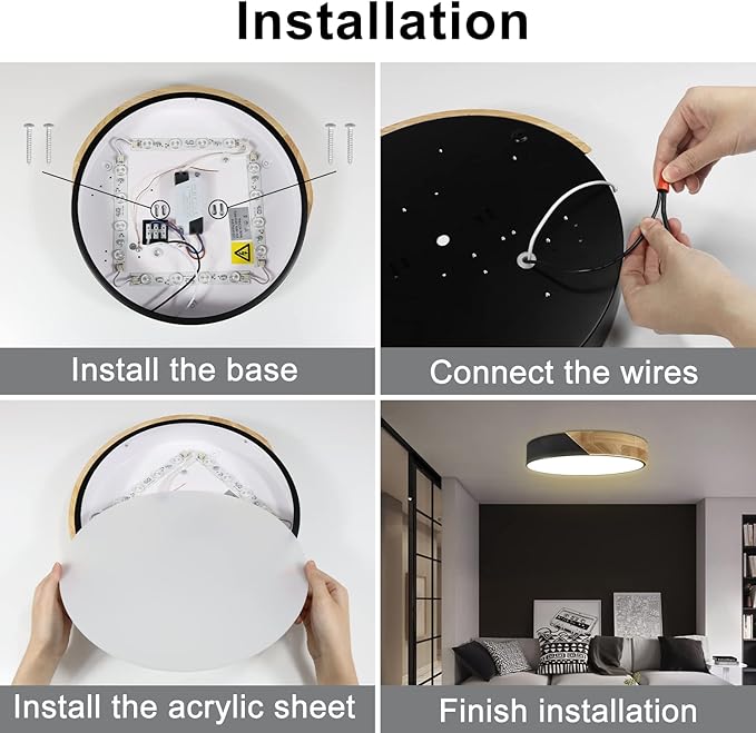 Led Ceiling Light Flush Mount: 12 Inch 24W Bedroom Light Fixture with Round Wood Modern Black Flat Overhead Minimalist Ceiling Lamps for Kitchen Hallway Laundry Warm White 3000K, Not Dimmable