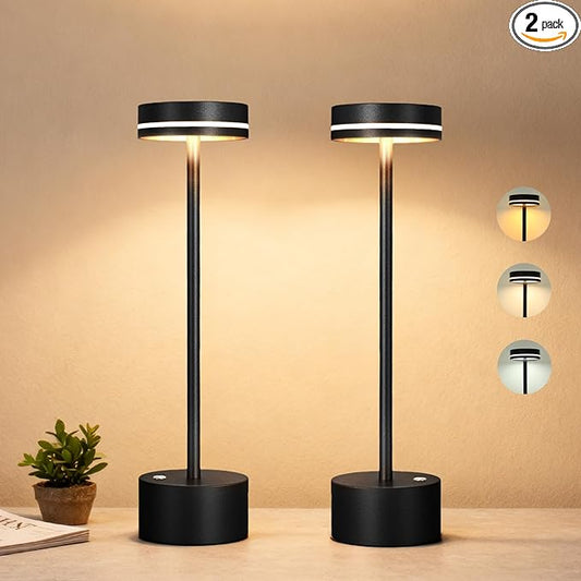 2 Pack Cordless Table Lamp Rechargeable, Touch Desk Lamp - 5000mAh Battery, 3 Color Dimmable Led Light, Small Portable Aluminum Light for Outdoor/Patio/Dining/Tabletop/Bar/Office, Home Decor