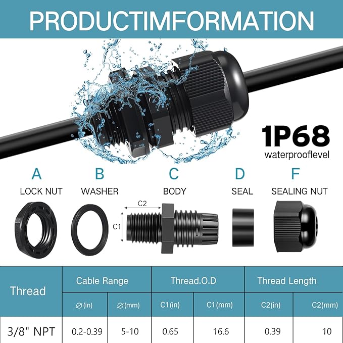 25 Pcs 3/8" NPT Black Nylon Cable Gland, Waterproof IP68 Adjustable Locknut Cable Diameter Waterproof Connectors Black Cord Grip