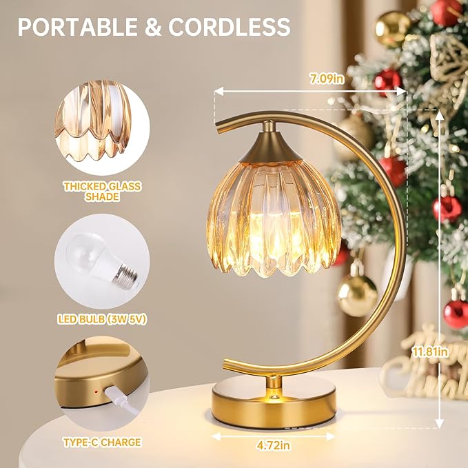 Tulip Table Lamp, 5200mAh Cordless Touch Control Table Lamp with 3 Color Temps & Stepless Dimming, Rechargeable Battery Table Lamp for Living Room, Bedroom, Office, Shelf (Amber Tulip)