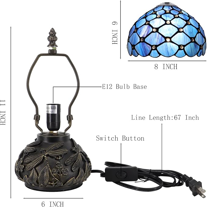 Small Tiffany Mushroom Table Lamp,Mini Memory Sympathy Antique lamp 8X11 Inch (Blue Beads)
