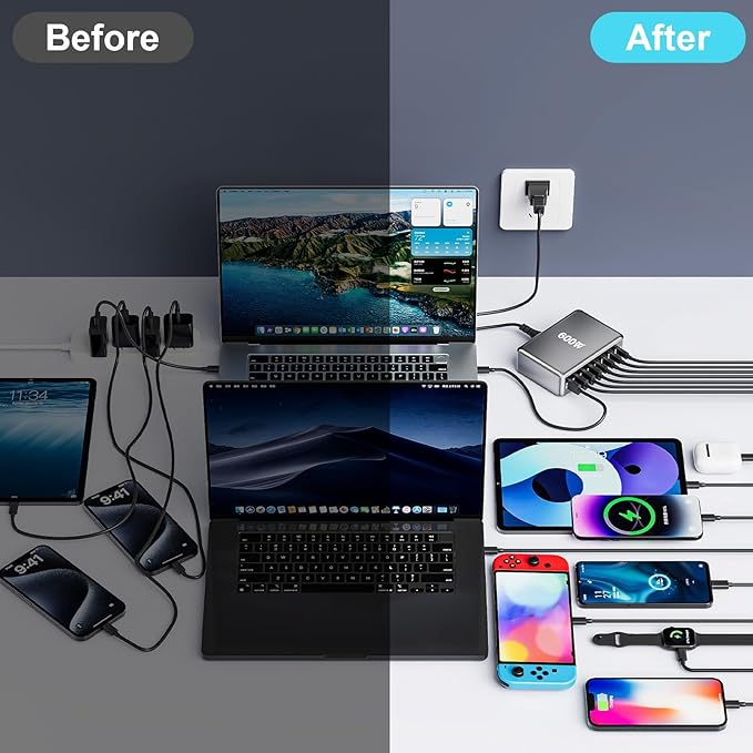 600W USB C Fast Charger Block, Multi-port USB Charging Station, GaN Ⅲ Double 140W PD PPS Port Fast Charging Station for Multiple Devices,Laptop Wall Charger Compatible with MacBook, iPhone 17,iPad etc
