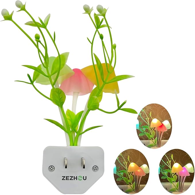 ZEZHOU Sensor LED Mushroom Night Lights - Color Changing Cute Plug in Wall Lamp, Energy Saving NightLight for Adults Kids Bedroom, Bathroom, Toilet, Stairs, Kitchen, Hallway Corridor