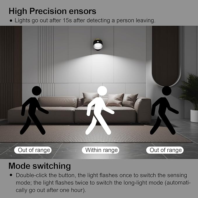 Moobibear Motion Sensor Wall Light Indoor 2Pcs, 3500mAh Rechargeable Battery Operated LED Wall Light, Wall Lamp Wireless with 360 ° Rotation, 3 Color Temperatures for Bedroom, Study, Corridor, Picture