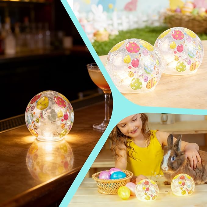 2PCS Easter Glass Ball Lights, 3.93'' Easter Egg Bunny Crackle LED Lights Decorations, Lighted Glass Ball Tabletop Sphere Lamp Decorative Battery Operated for Holiday Indoor Party Table Decor