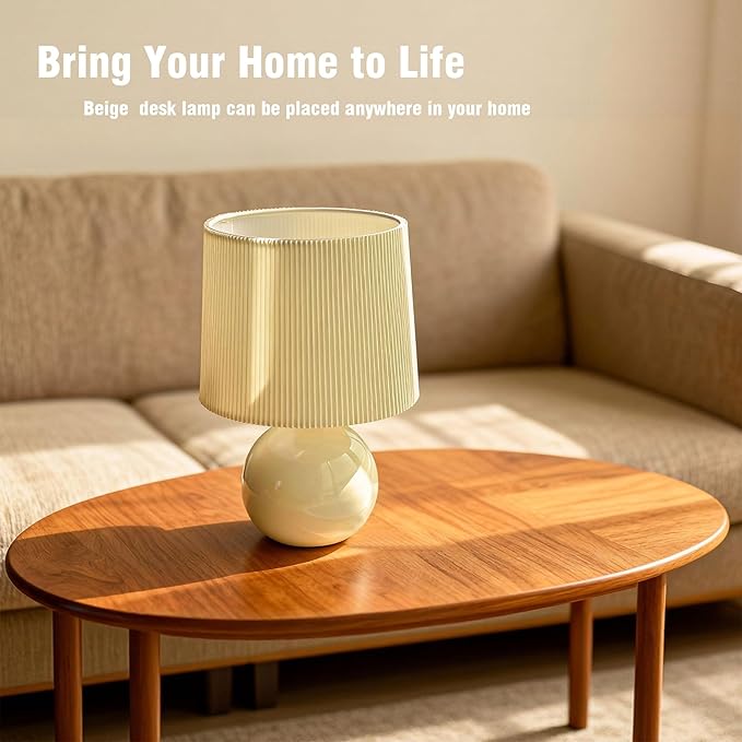 jonong Small Pleated Table Lamp, Ceramic Desk lamp,Modern Bedside Nightstand Lamp with Beige Lampshade, Cute Lamp for Bedroom Living Room Home Office Decor,Kids, Women, for Gift Present (Beige, M)