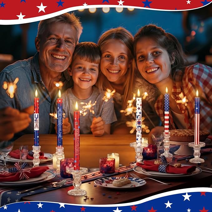 6 Pcs 4th of July LED Flameless Candle Set 250th Anniversary Patriotic Taper Candles Battery Operated with Remote God Bless American USA Flag Candles for Independence Day Decor Party Favors