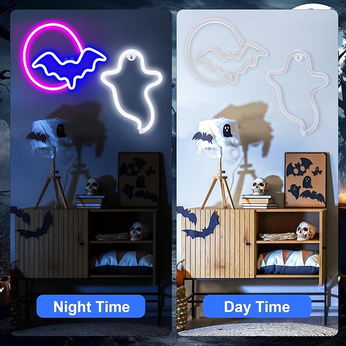2 Pack Halloween Decoration LEDs Neon Sign Light Ghost, Bat and Moon Lights Hanging for Halloween Party Decorations Indoor Home Window Decorations (Batteries not Included)
