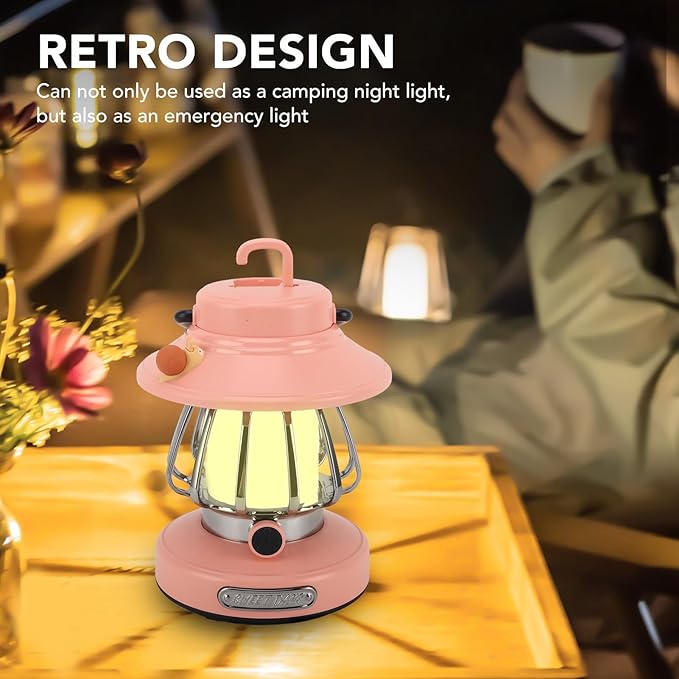 Vintage Lantern Decorative,Hanging Lantern Decor,Camping Lantern Portable Tent Light Emergency Light,Retro Rechargeable Camping Lantern,Infinite Dimming 3 Level Color Temperature (Pink)
