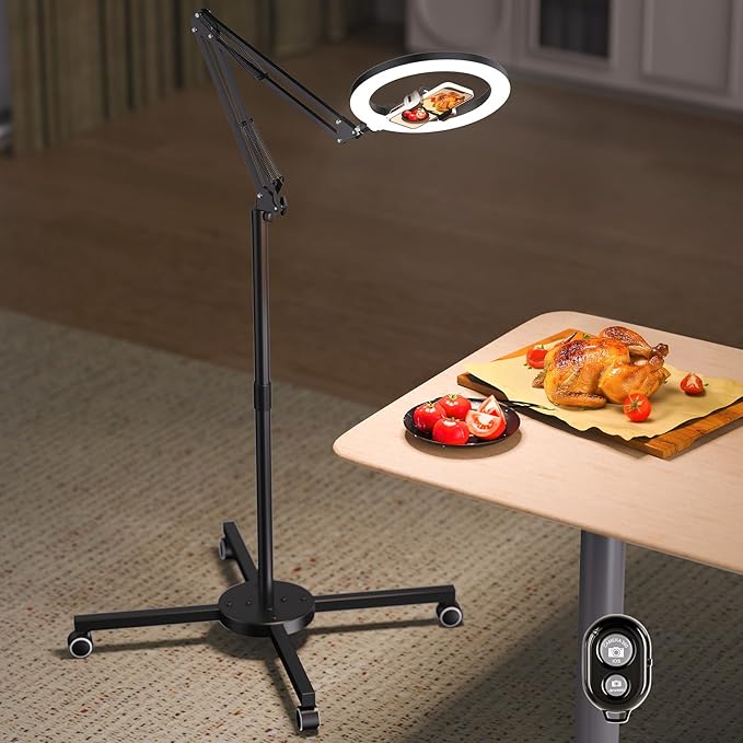 Ring Light Tripod for iPhone Overhead Camera Mount with Casters, LUXSURE Ring Light with Stand and Phone Holder for Video Recording, Phone Tripod with Light for Live Streaming,Cooking