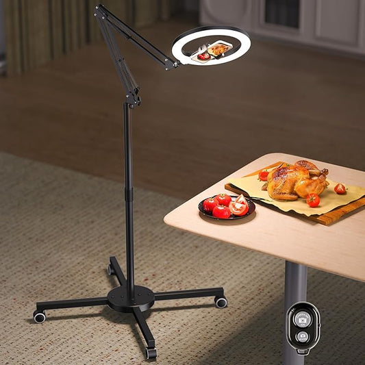 Ring Light Tripod for iPhone Overhead Camera Mount with Casters, LUXSURE Ring Light with Stand and Phone Holder for Video Recording, Phone Tripod with Light for Live Streaming,Cooking