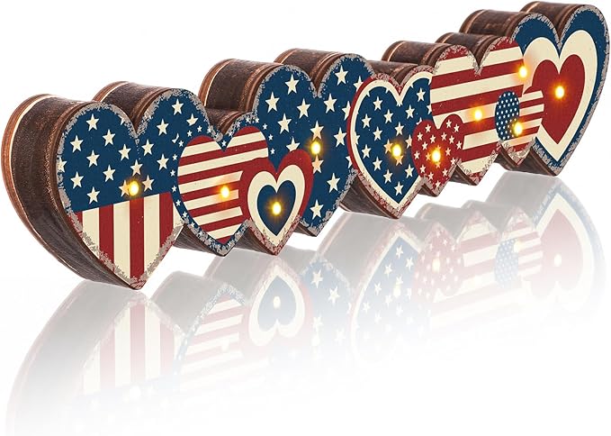 Yousoontic 4th of July Decorations Retro Patriotic Table Centerpieces with LED Lights Memorial Day Heart Wooden Sign Decor 3D Block Red White Blue Decor for 250th Anniversary Home Mantel Desk Party