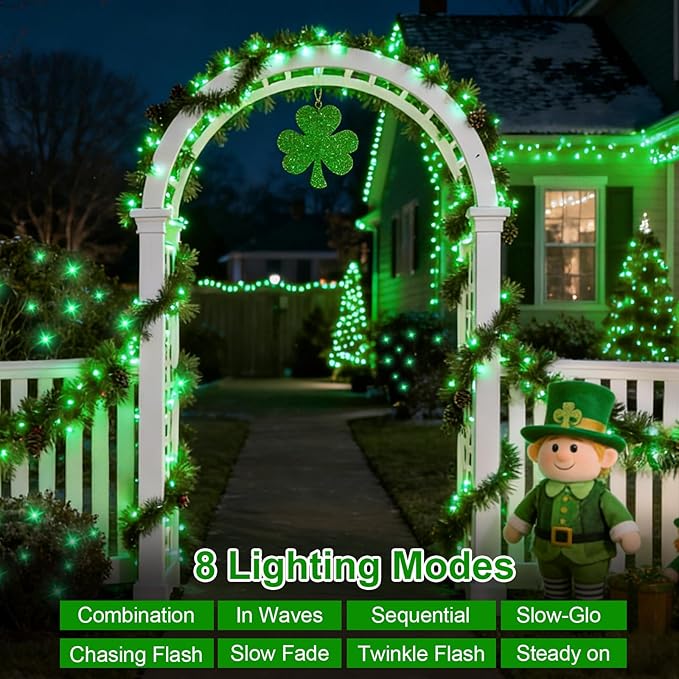 QITONG 165ft 500 LED Green St Patricks Day Lights, 8 Modes Outdoor String Lights Plug in, Clear Wire Twinkle Christmas Light Indoor
