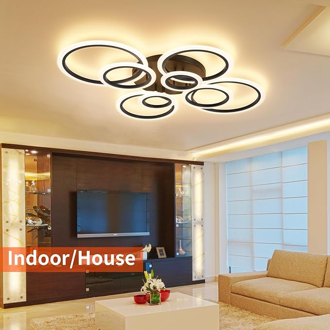 Modern Ceiling Light, 41.3'' Dimmable LED Black Flush Mount Ceiling Lights with Remote Acrylic Round Ceiling Lamp Fixture for Low Ceiling Bedroom Living Room Dining Room, 108W