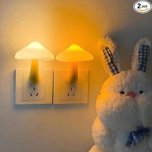 Sensor LED Mushroom Night Lights - 2Pack Plug into Wall Mushroom Lamp, Cute Dream Bed Nightlight for Kids Adults for Home Office, Bedroom, Bathroom Toilet, Stairs Hallway Corridor, Warm White & Yellow