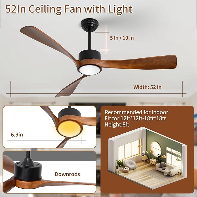 52inch Ceiling Fan with Lights,Wood Ceiling Fans with Remote Control,Dimmable Light,3 CCT,6 Speeds,Noiseless DC Motor,2 downrod,Ceiling Fan for Bedroom,Living Room,Office,Indoor,Dark Brown