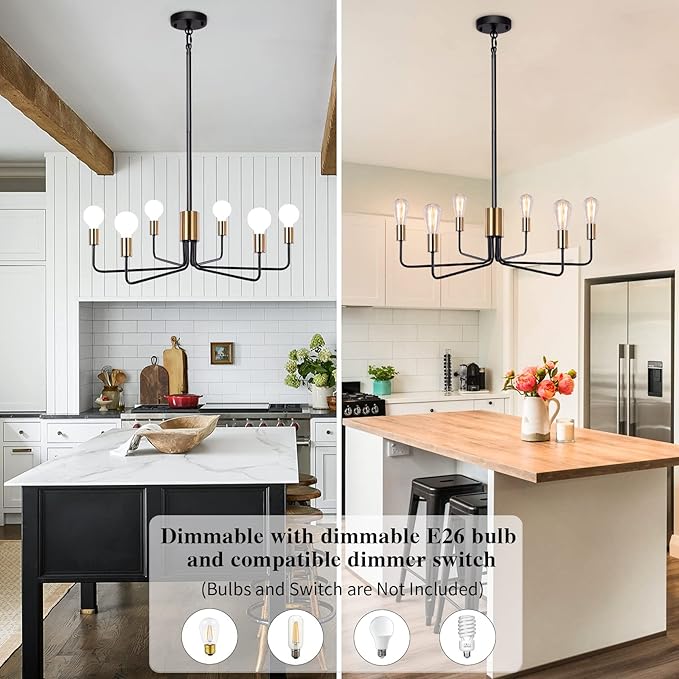 ETONIMERR Black Gold Chandelier Light Fixture 6-Light, Modern Chandelier for Dining Room Light Fixture Industrial Pendant Light for Kitchen Island Living Room Bedroom Foyer