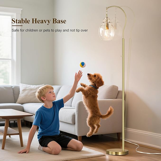 QiMH Gold Floor Lamps for Living Room, Modern Standing Lamp for Bedroom, 70" Tall Lamp for Corner, Arc Floor Lamp with Seeded Glass Lamp Shade, Dimmable Floor Lamp for Reading Office Nursery