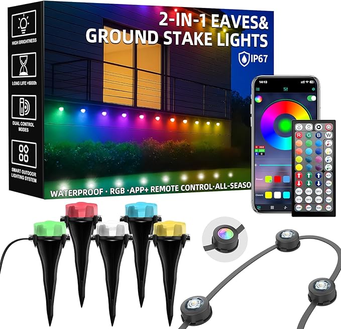 100 FT Permanent Outdoor Lights, Waterproof 2-in-1 Eaves & Ground Stakes LED String Lights with App/Remote Control for House, Garden– Smart Color-Changing Lighting for Halloween Christmas Decorations