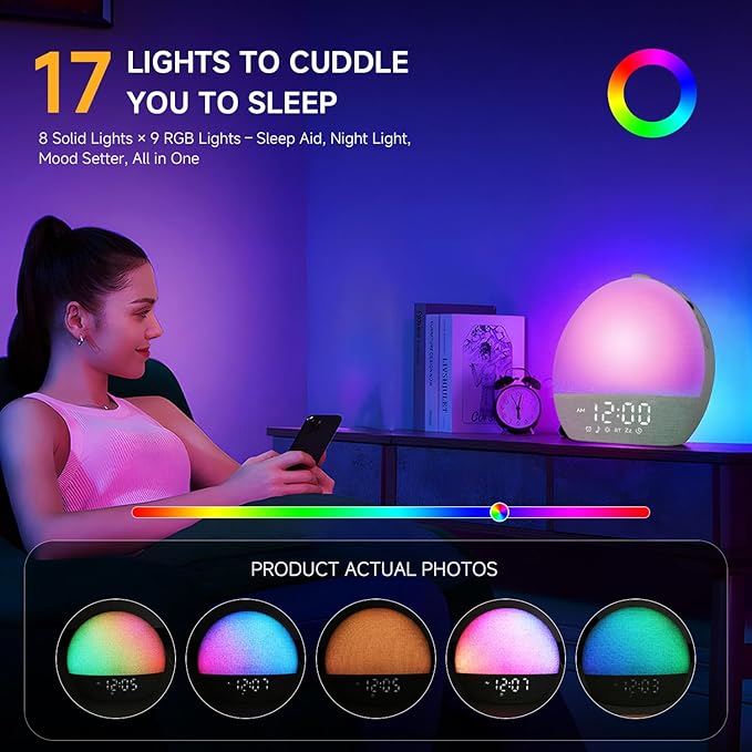 Sunrise Alarm Clock White Noise Sound Machine for Bedroom | Natural Wake-Up Light with 30 Soothing Sleep Aids, Bluetooth Speaker, Dimmable Clock, Screen-Free Design for Baby Kids-Matcha Green