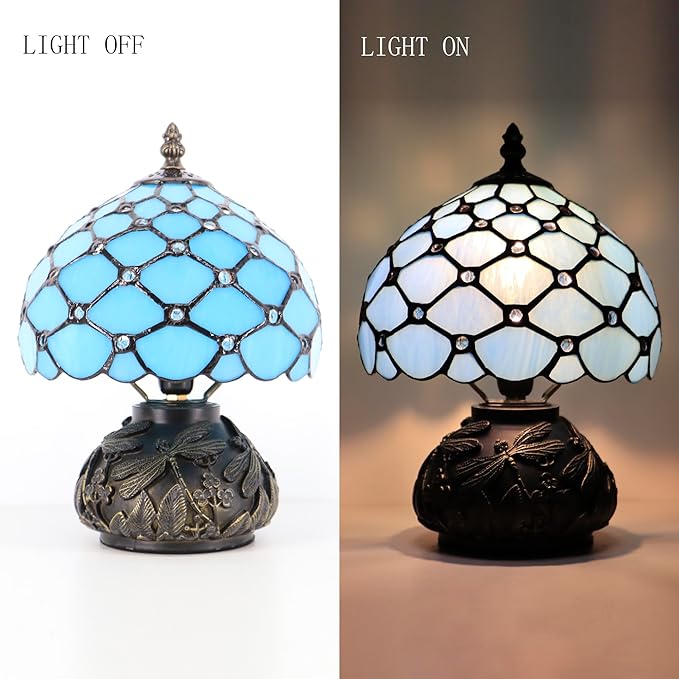 Small Tiffany Mushroom Table Lamp,Mini Memory Sympathy Antique lamp 8X11 Inch (Sea Blue Beads)