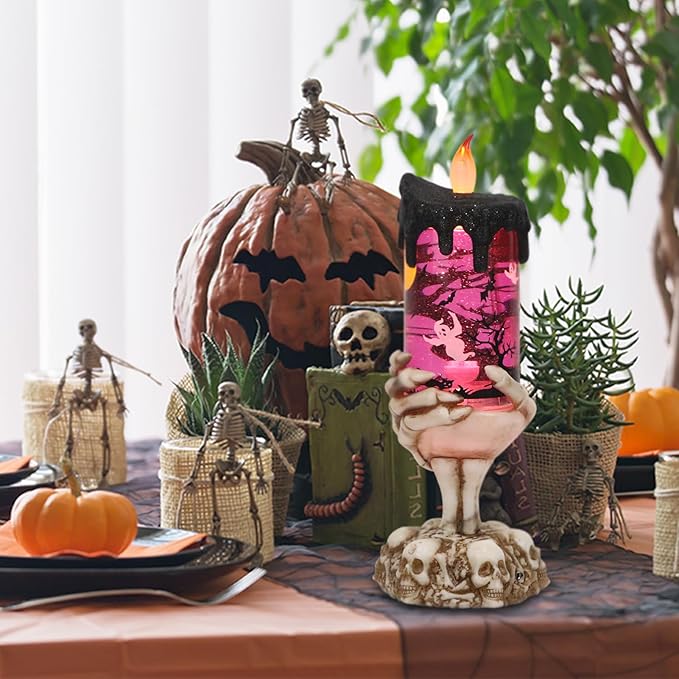 DRomance Halloween Snow Globe Flameless Candle with Timer, Battery Operated Tornado Lamp Skeleton Hand Candle Holder Purple Light Glittering Spinning Water Halloween Table Decor(Ghost, 4" x 10")
