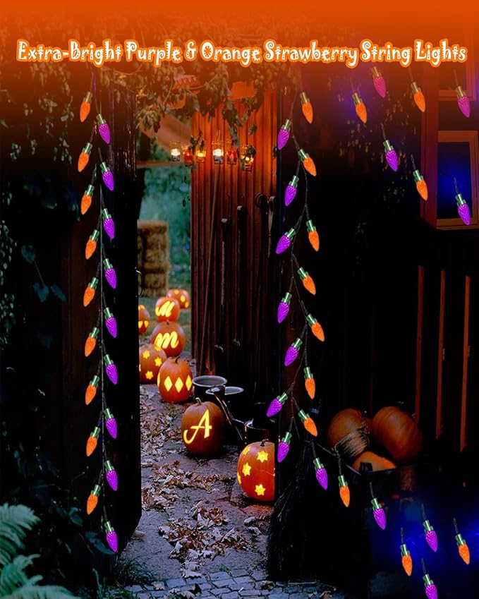 ITICdecor Christmas Decorative Solar Lights Outdoor Waterproof Orange Purple String Lights 31 Ft 50 LED Strawberry Solar Garden Lights Yard Camper Christmas Halloween Carnival Decoration