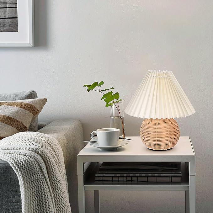 STOBAZA Table Lamp with Pleated Lampshade Small Night Light USB Port Soft Ambient Light for Bedroom Office Dormitory 11.02X9.44X9.44In Compact Bedside Desk Lamp