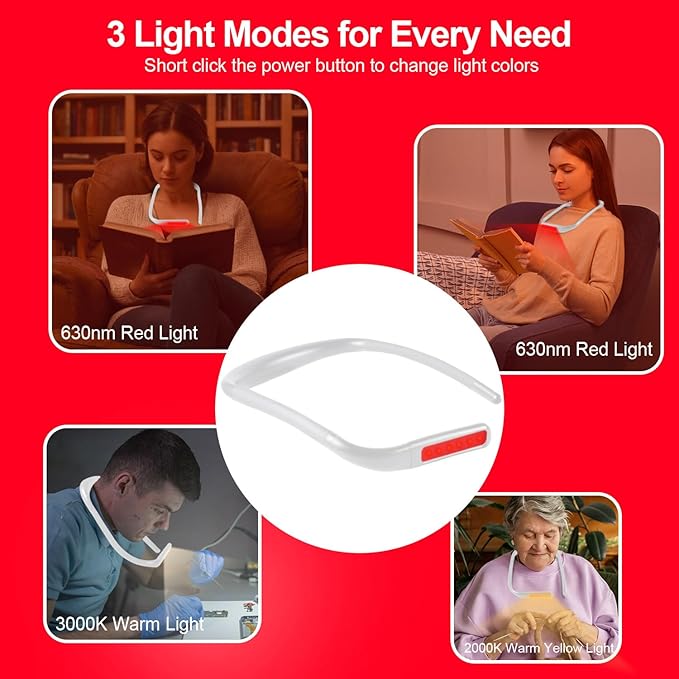 630nm Red Neck Reading Light - Zero Blue Light, Rechargeable Dimmable Portable LED Red Neck Book Lamp for Reading, Crafts, Crochet at Night, Ideal Gift for Readers and Craft Lovers（White
