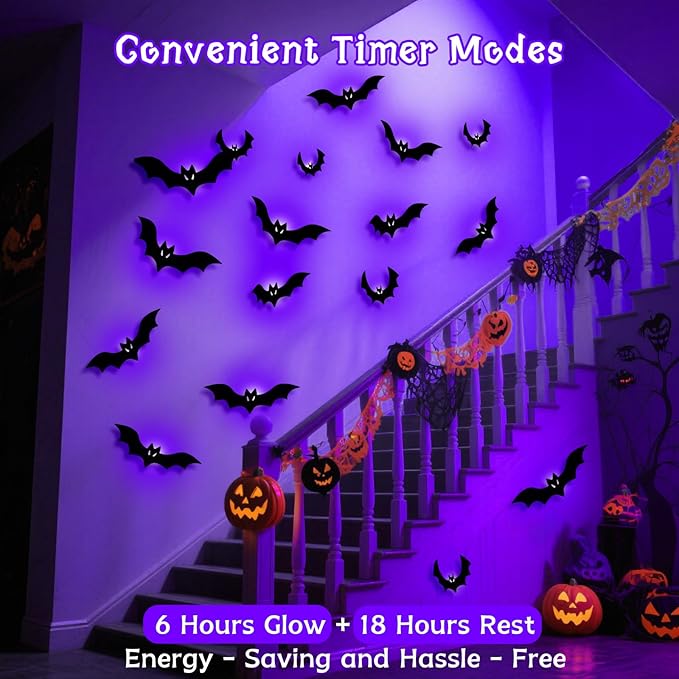 Halloween Bats Fairy Lights Wall Decor, 20 Packs Lighted Bats Stickers with Timer Halloween Party Wall Window Indoor Home Decorations