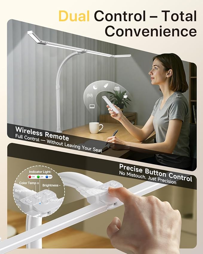 ONEMIX 42" LED Desk Lamp with Clamp, Architect Desk Light with Remote, Adjustable 4-Segment Bar, 1800LM Bright, Eye-Caring Desk Lamp for Home Office, Reading, Study, Dual Monitors, Workbench (White)