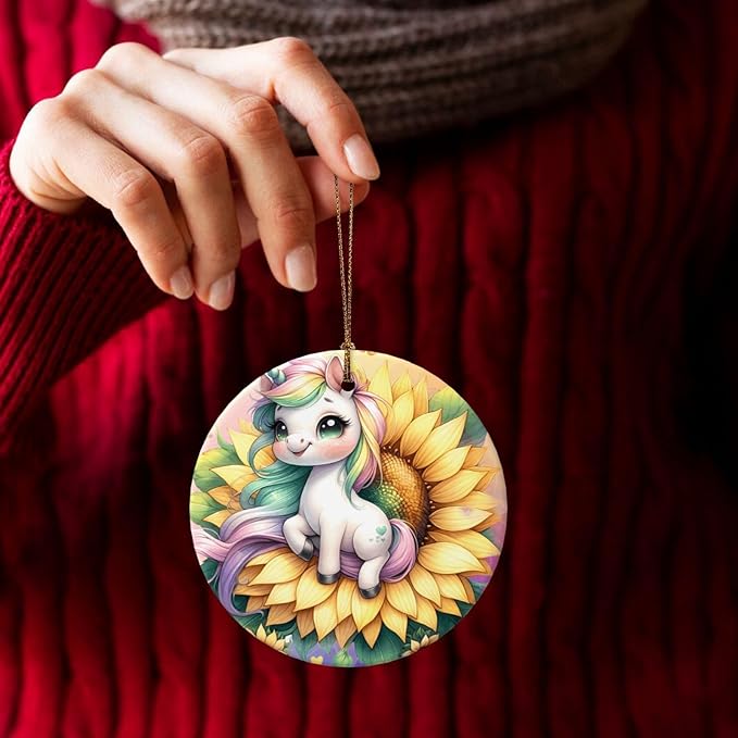 Cartoon Unicorn Sunflower Christmas Ornaments, Christmas Decorations Xmas Tree Hanging Ornaments, Round Ceramic Festive Keepsake Gift for Xmas Decorations Holiday Home Decor